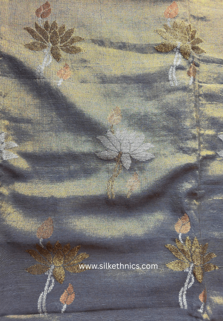 Metallic Gold Lotus Tissue Linen handloom Saree