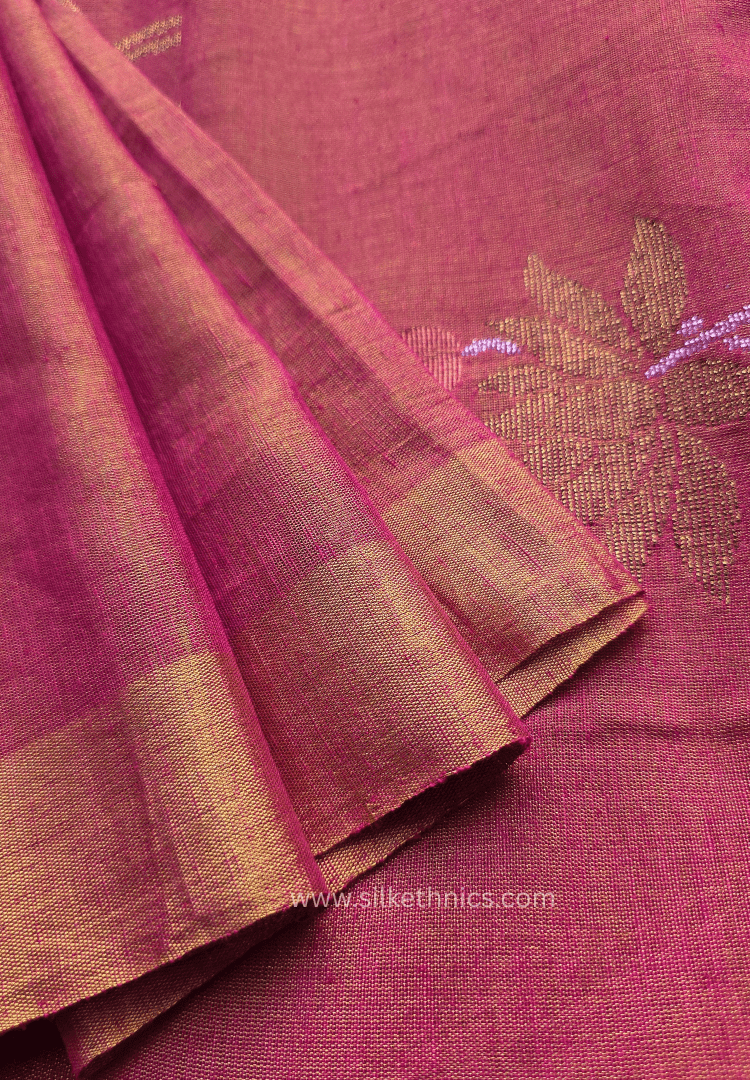 Pink and Gold Lotus Tissue Linen handloom Saree