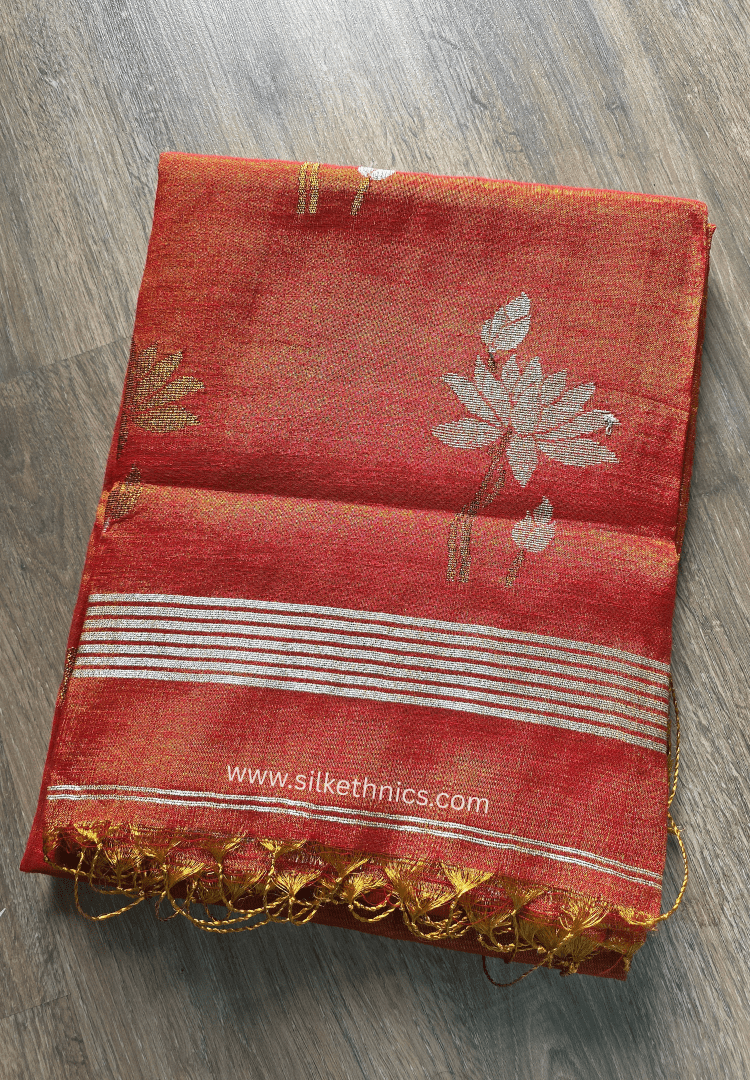 Metallic Orange Lotus Tissue Linen handloom Saree