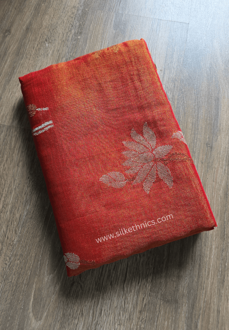 Metallic Orange Lotus Tissue Linen handloom Saree