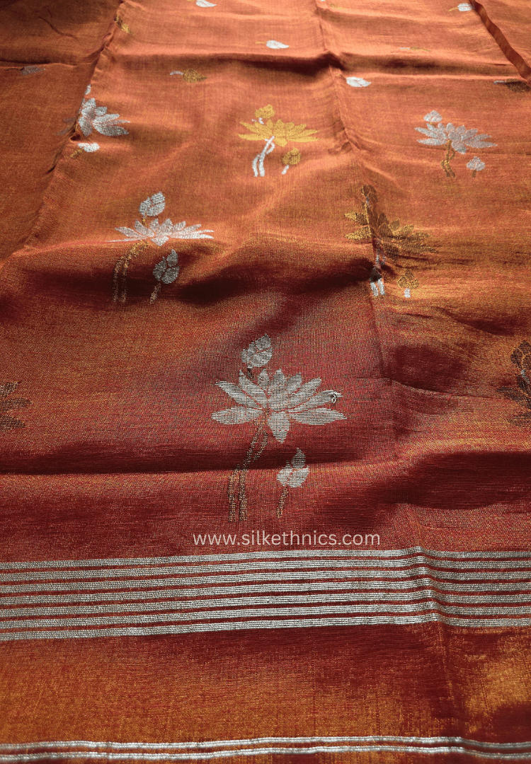 Metallic Orange Lotus Tissue Linen handloom Saree