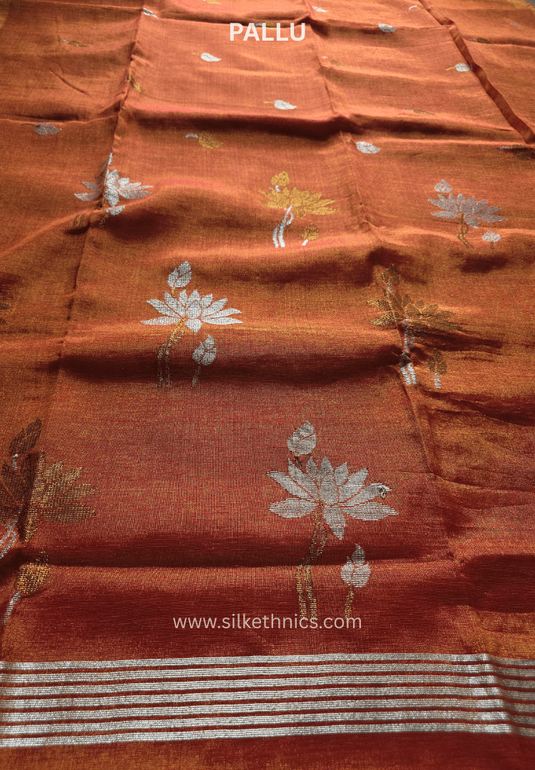 Metallic Orange Lotus Tissue Linen handloom Saree