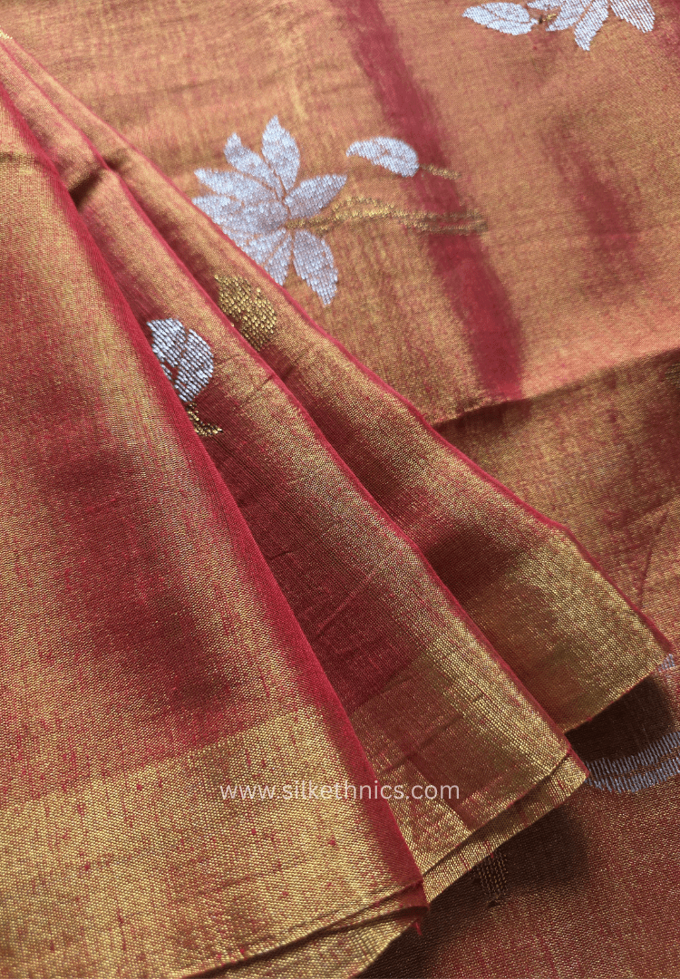 Metallic Orange Lotus Tissue Linen handloom Saree
