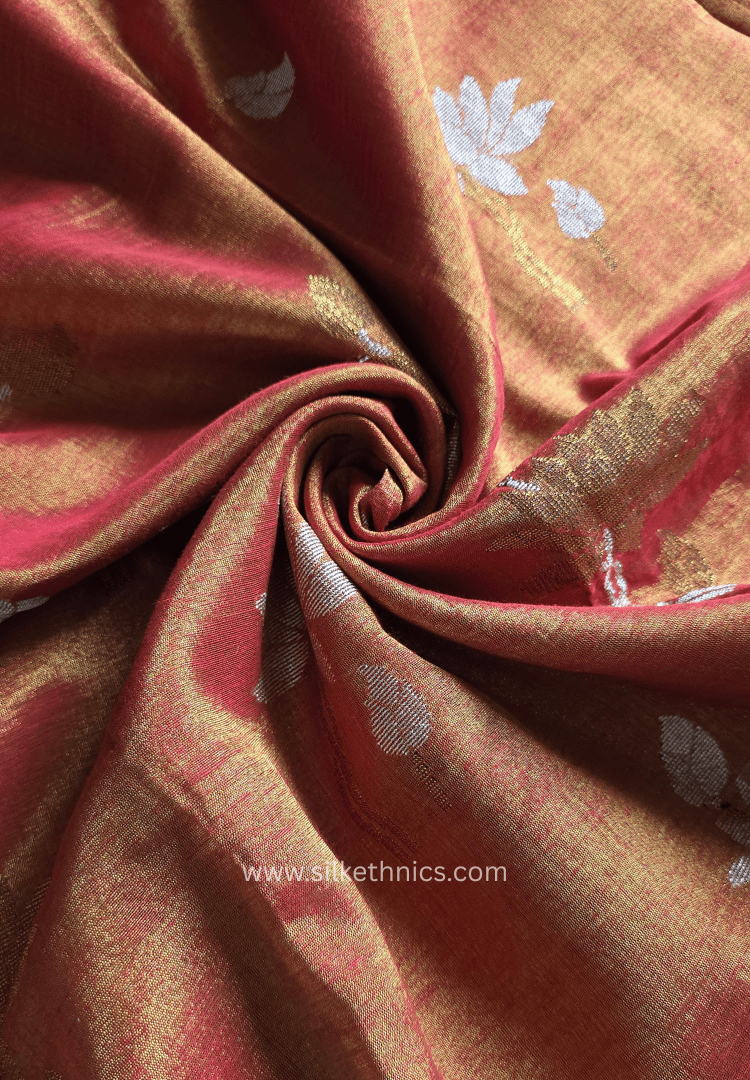Metallic Orange Lotus Tissue Linen handloom Saree