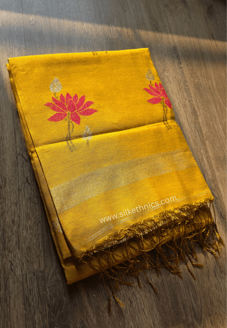 Yellow Gold Lotus Tissue Linen handloom Saree