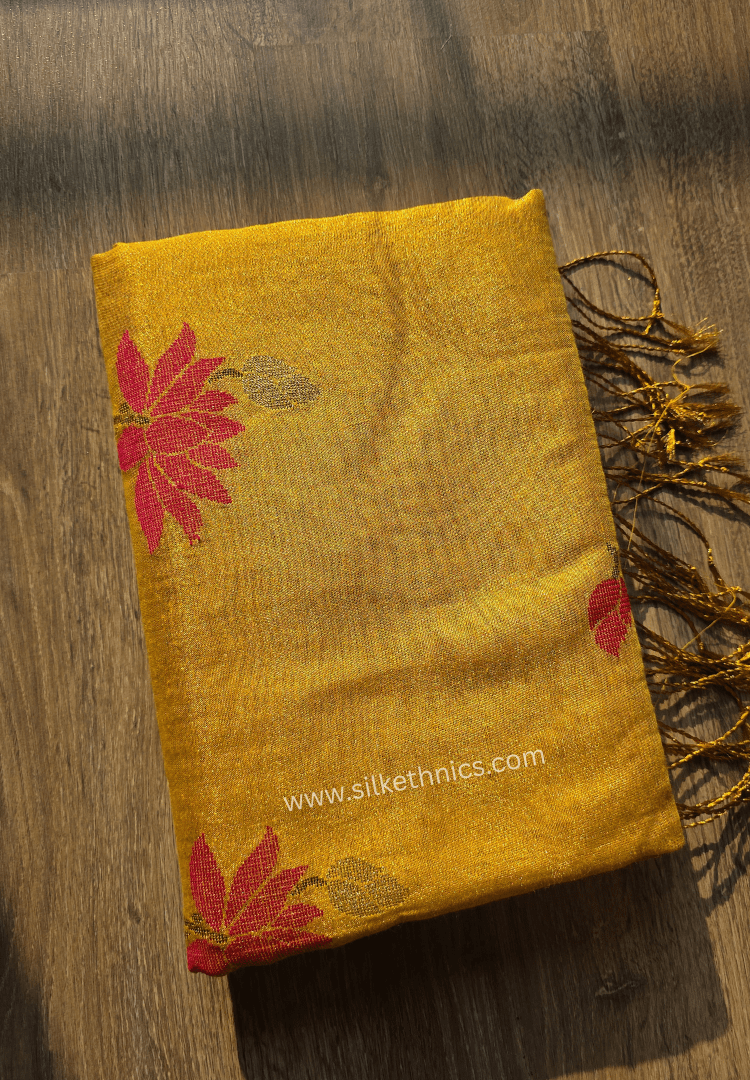 Yellow Gold Lotus Tissue Linen handloom Saree