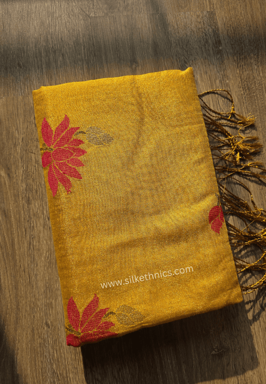 Yellow Gold Lotus Tissue Linen handloom Saree