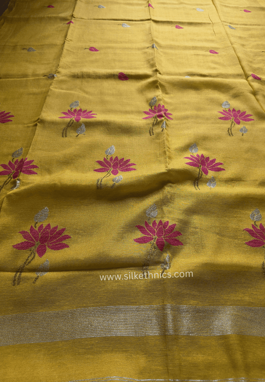 Yellow Gold Lotus Tissue Linen handloom Saree