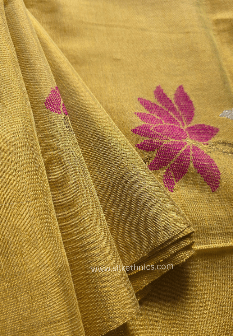 Yellow Gold Lotus Tissue Linen handloom Saree