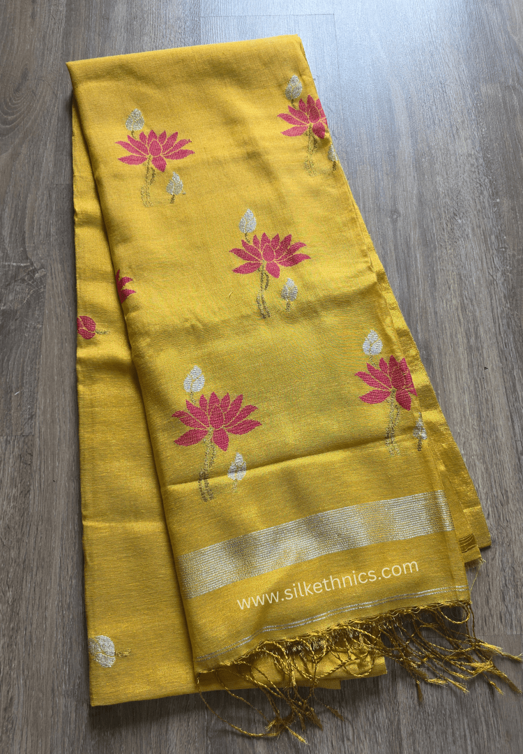 Yellow Gold Lotus Tissue Linen handloom Saree
