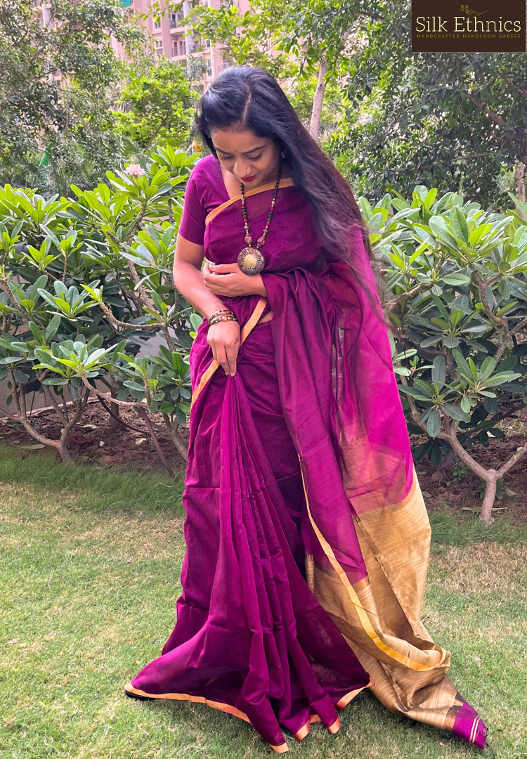 Magenta and dark pink shaded tussar silk saree only on kalki