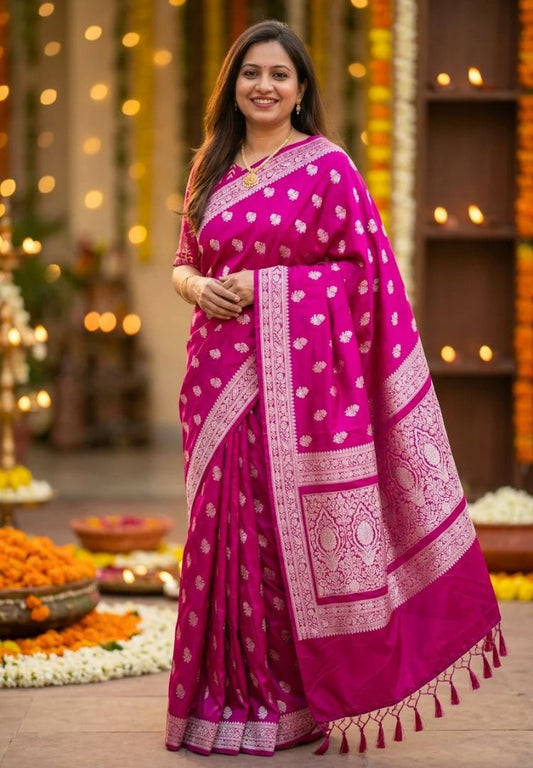 Deep magenta Banarasi Mashru Katan silk saree