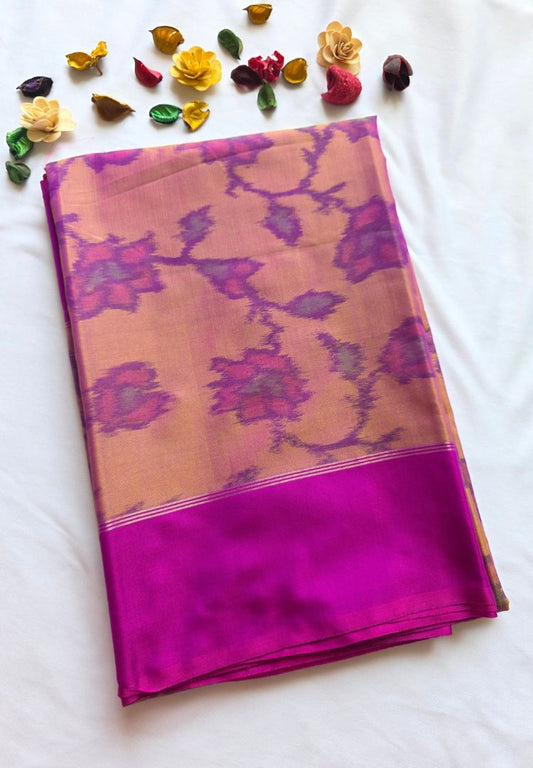 Folded gold semi katan silk saree with purple Ikkat floral jaal and magenta border
