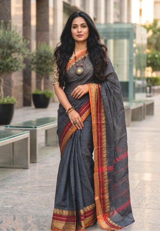 Lead grey Mangalagiri pure handloom saree