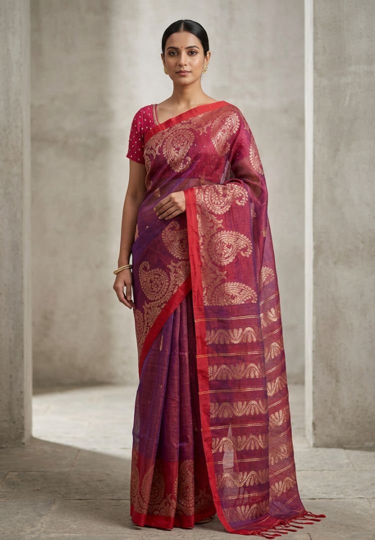 Royal Purple and Red Aarti linen saree by Silk Ethnics