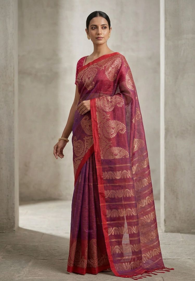 Royal Purple and Red Aarti linen saree, photo 2 of 3