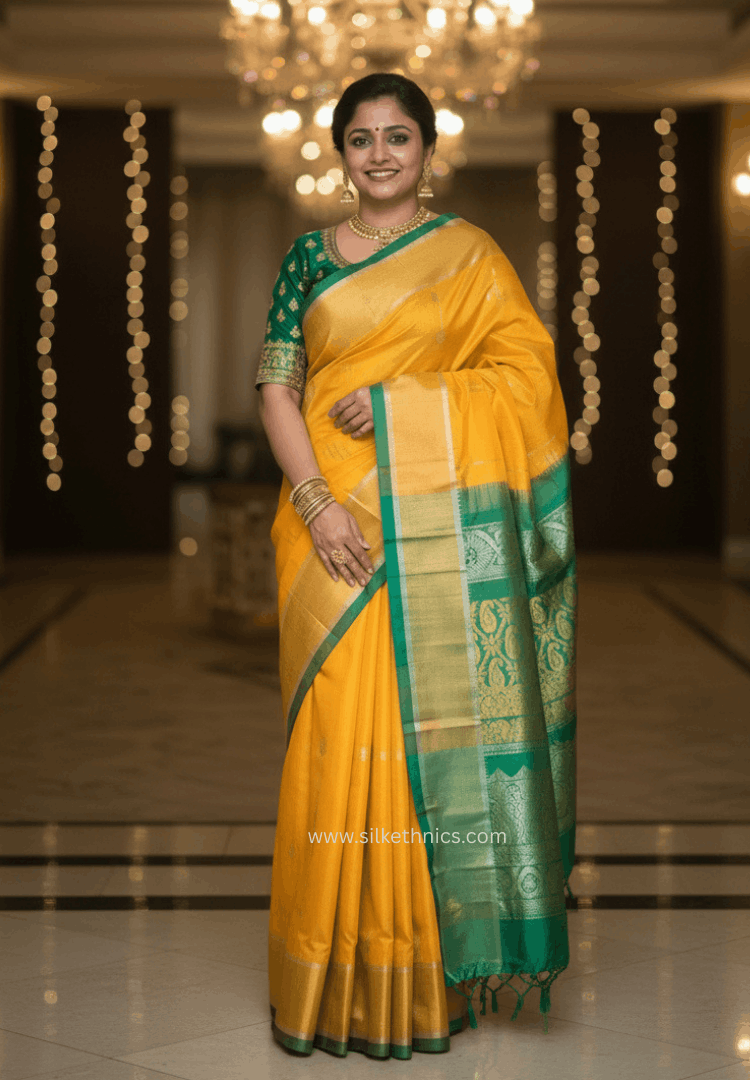 Golden yellow and green pure Mangalagiri silk saree
