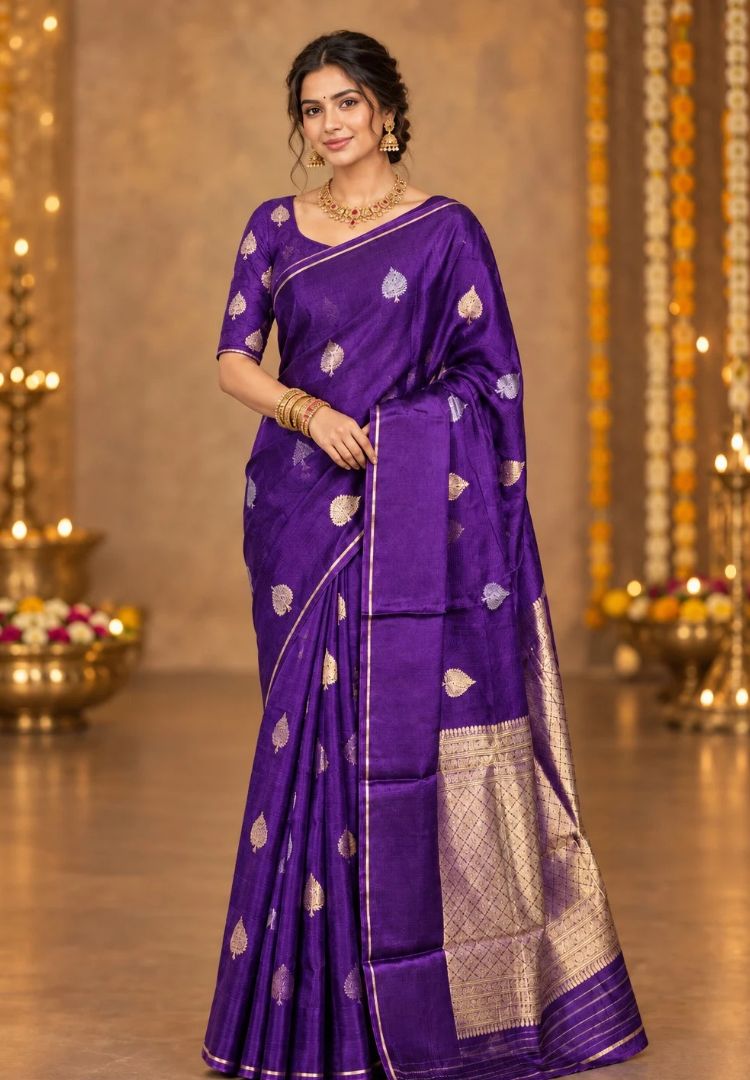 Woman wearing the Purple Manipuri Kota silk brocade saree with gold zari butis - Silk Ethnics