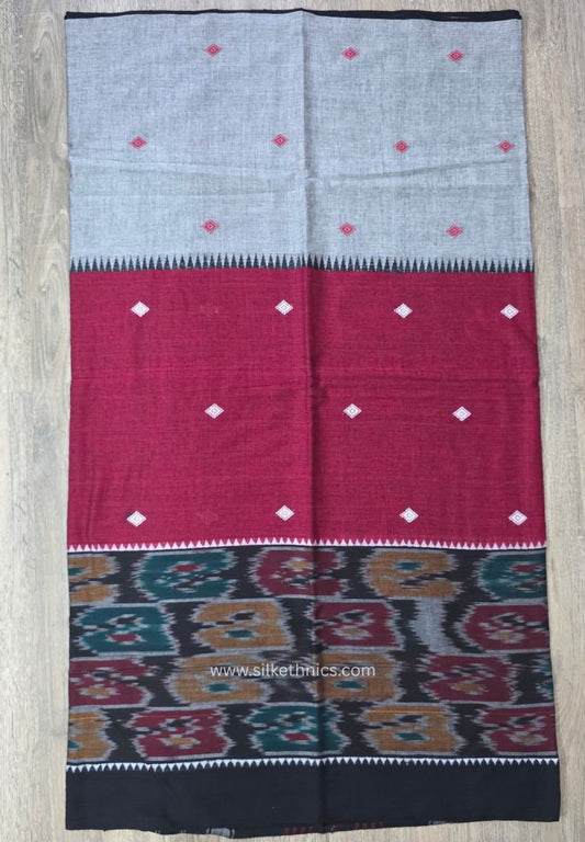 Deep Red and Black Dhaniakhali Bengal Handloom Ikkat Cotton saree