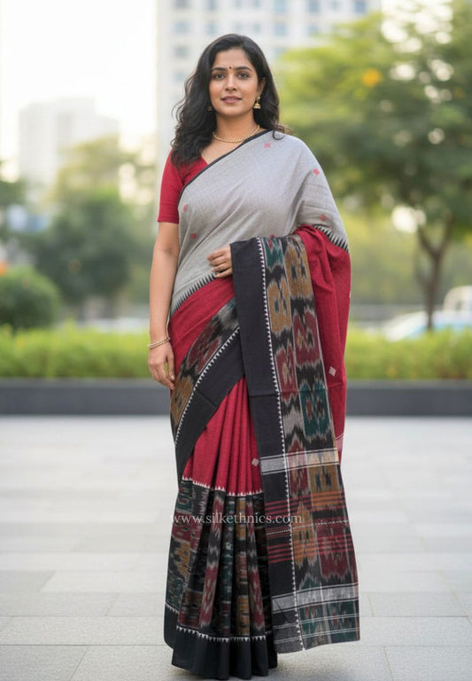 Deep Red and Black Dhaniakhali Bengal Handloom Ikkat Cotton saree