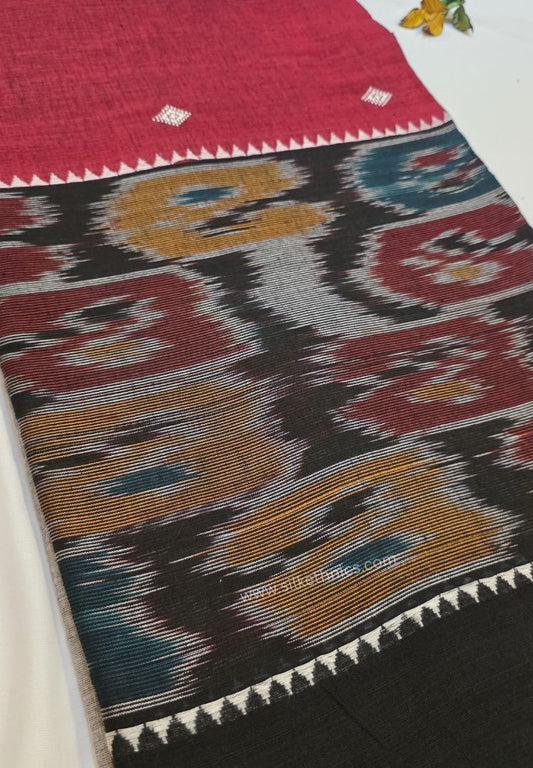 Deep Red and Black Dhaniakhali Bengal Handloom Ikkat Cotton saree