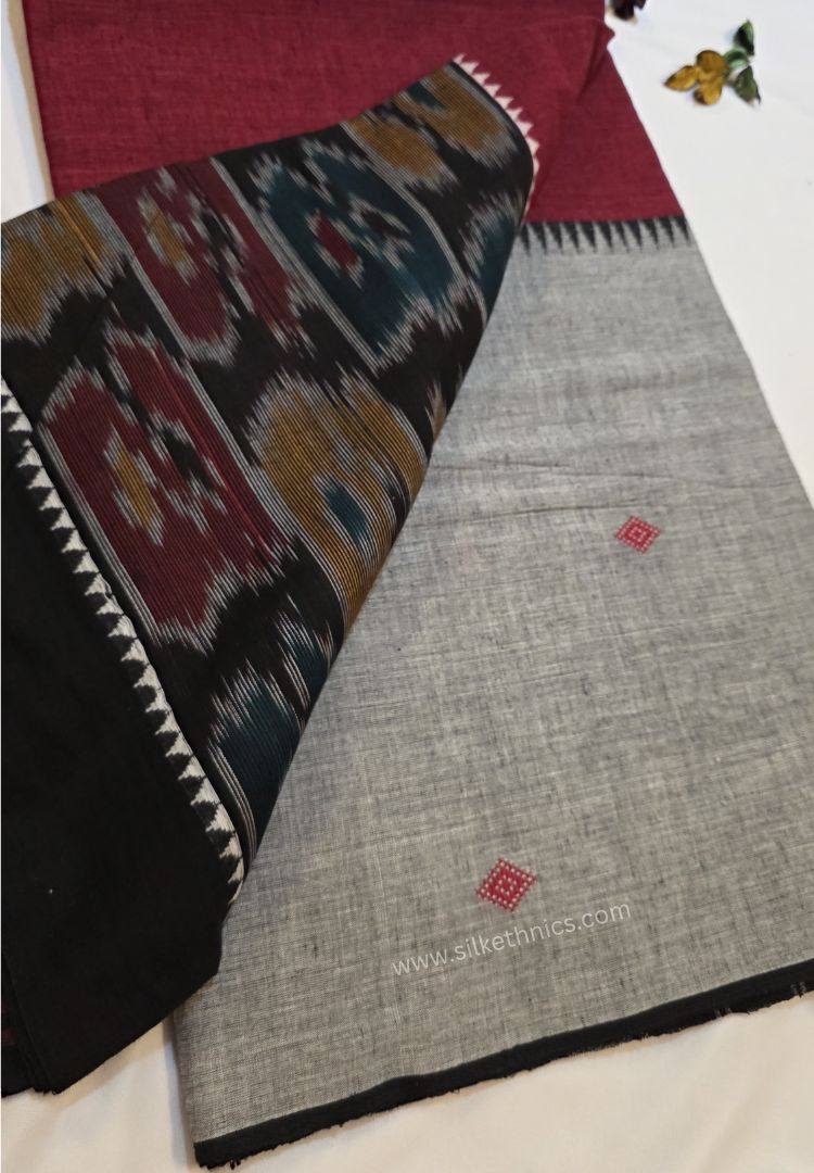 Deep Red and Black Dhaniakhali Bengal Handloom Ikkat Cotton saree