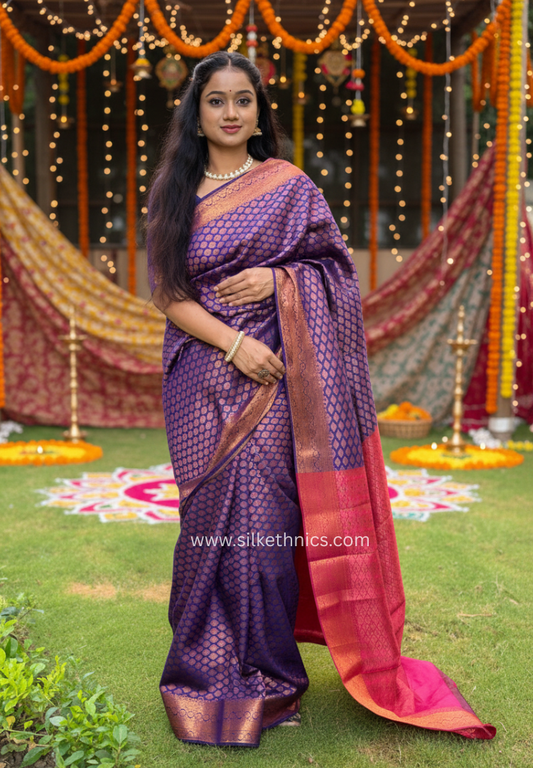 Indigo blue Meena copper zari weaving soft silk saree