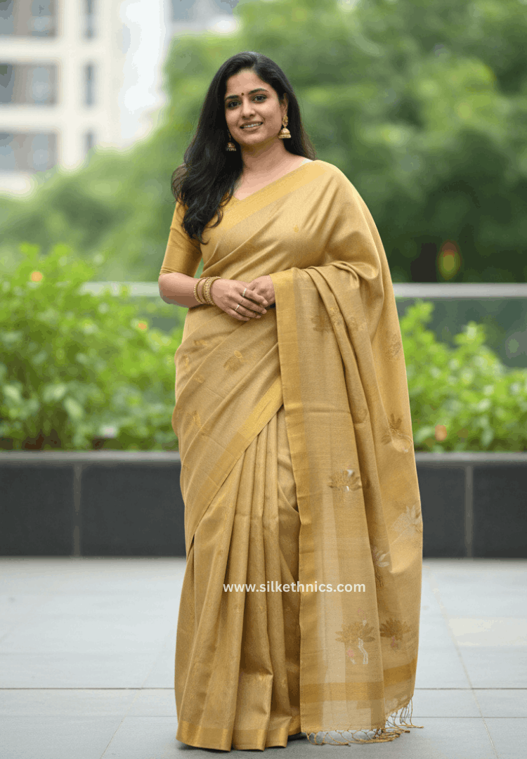 Ivory Gold Lotus Tissue Linen handloom Saree