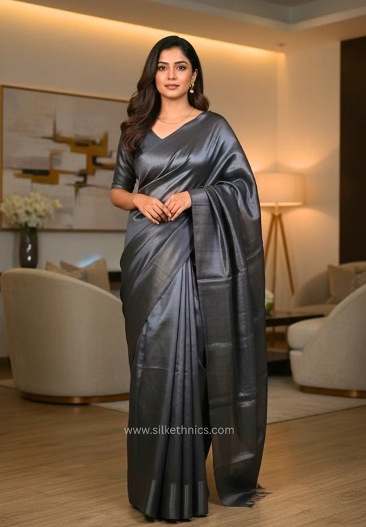 Metallic Grey Raaga handloom tissue saree - Shyama