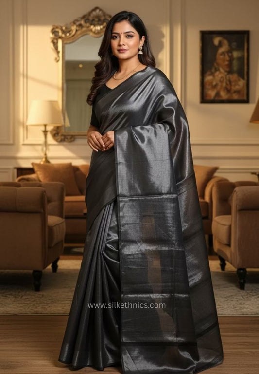 Metallic Grey Raaga handloom tissue saree - Shyama