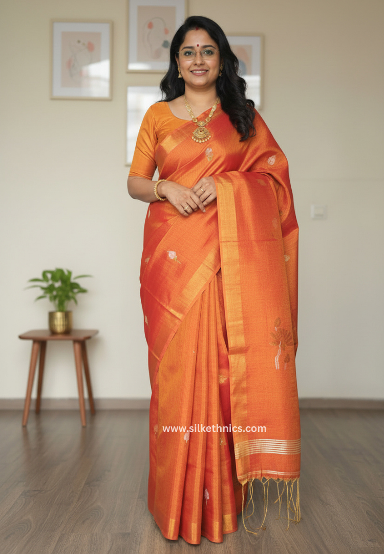 Metallic Orange Lotus Tissue Linen handloom Saree