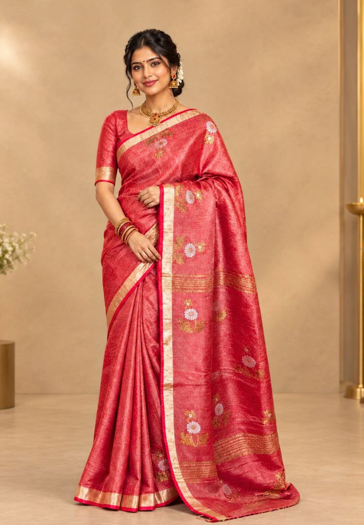 Metallic Orange Jamdani weaving Tissue Linen handloom Saree by Silk Ethnics