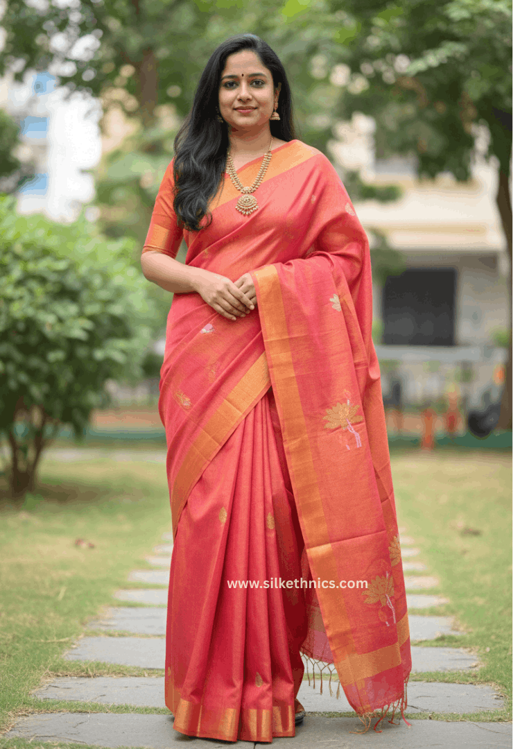 Metallic Pink and Gold Tissue Linen handloom Saree