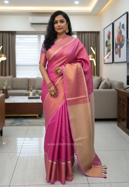 Metallic Pink Tissue Linen Samaira handloom Saree