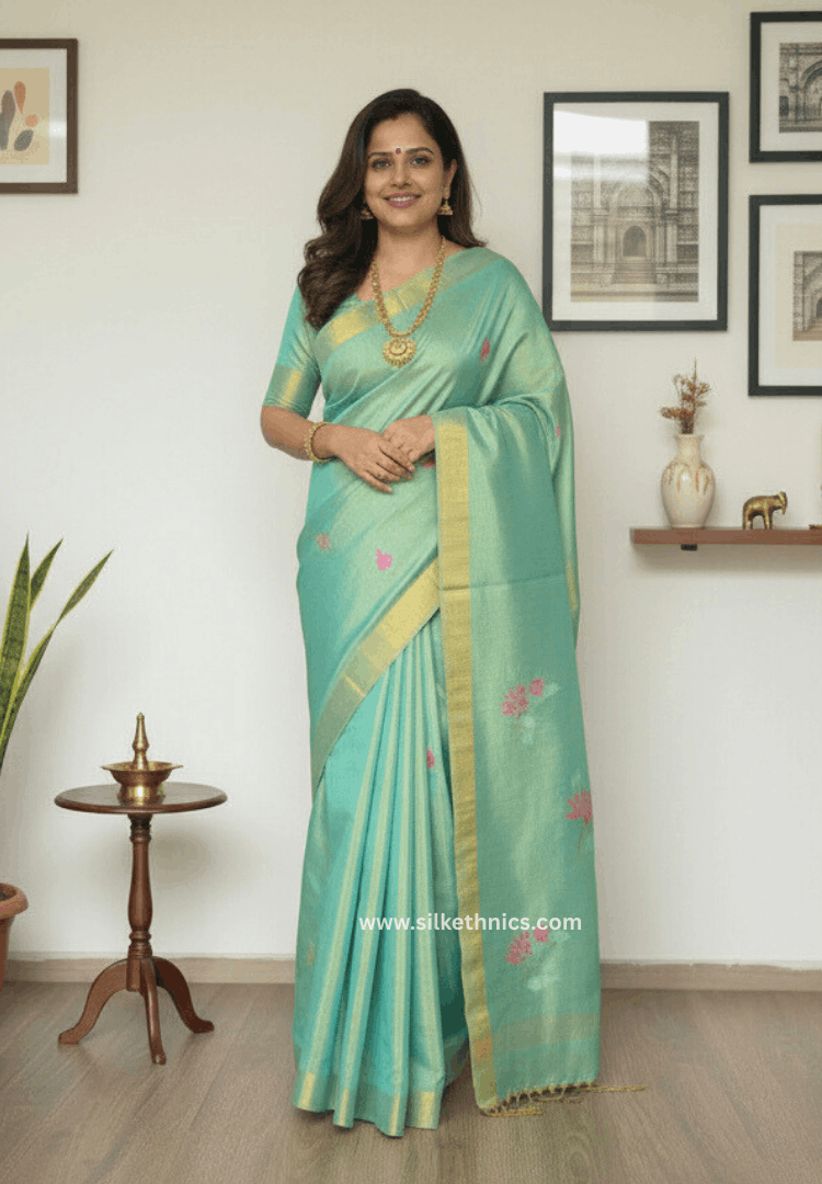 Sage Green and Gold Lotus Tissue Linen handloom Saree
