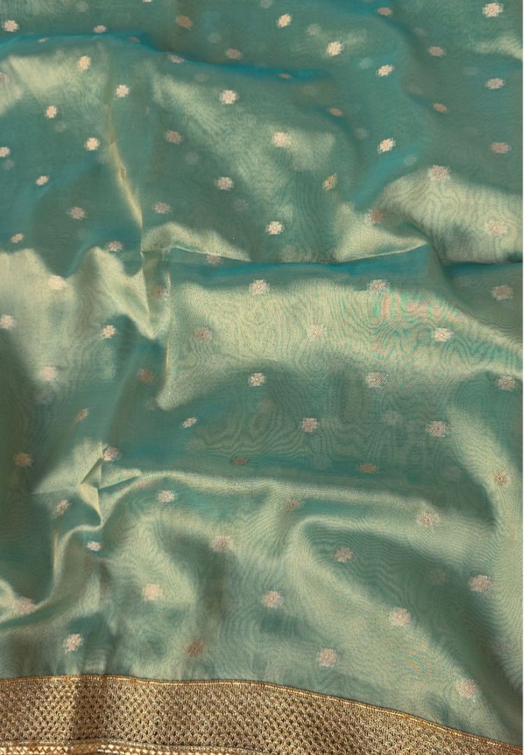 Close-up of metallic sheen and zari butis on mint green Banarasi tissue saree