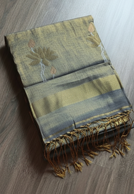 Metallic Gold Lotus Tissue Linen handloom Saree