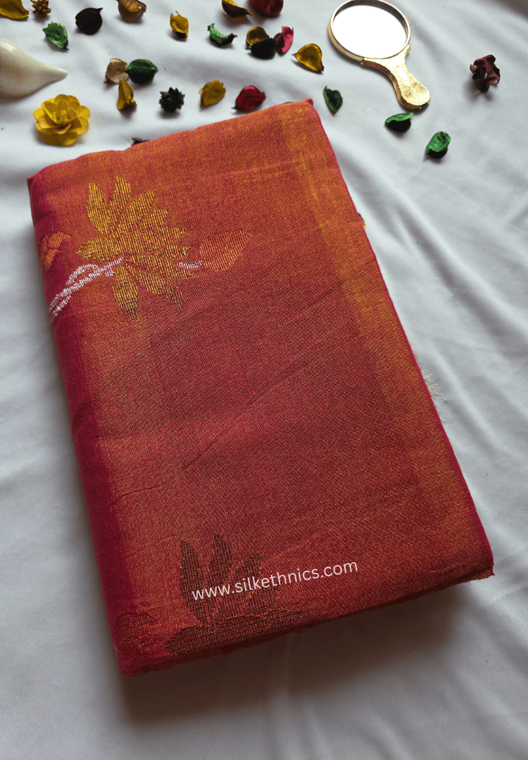 Metallic Pink and Gold Tissue Linen handloom Saree