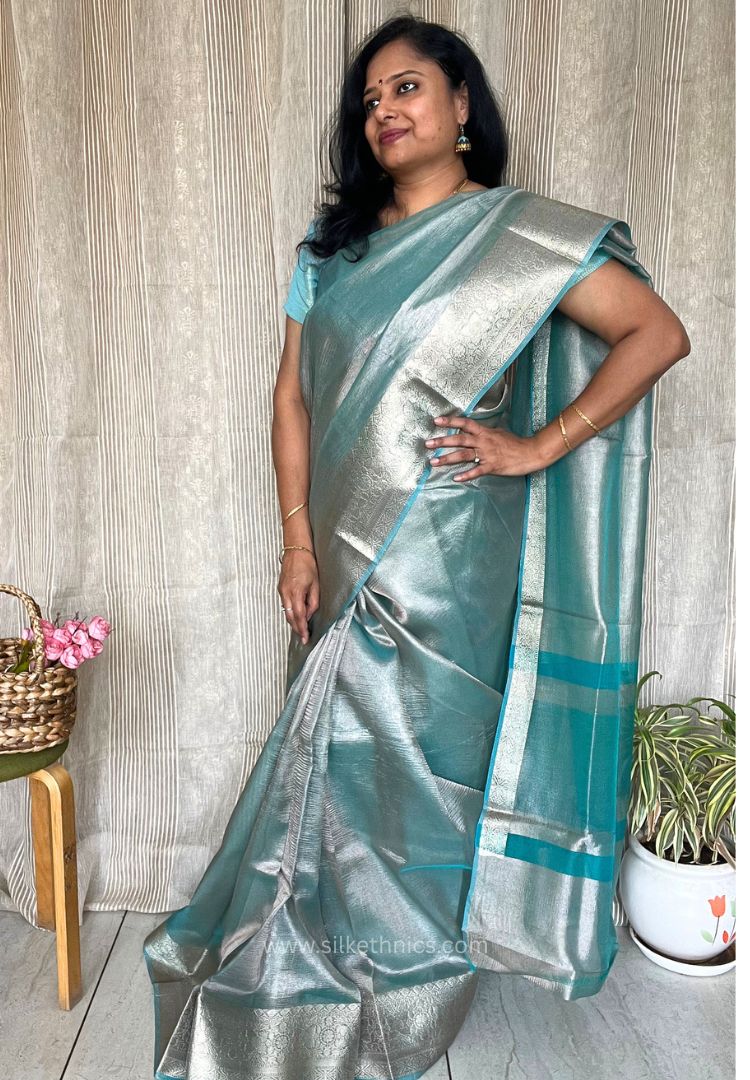 Pastel Teal Banarasi Crushed Tissue saree