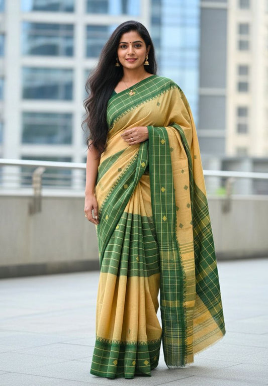 Mustard Yellow and Green Dhaniakhali Handloom Ikkat Cotton saree