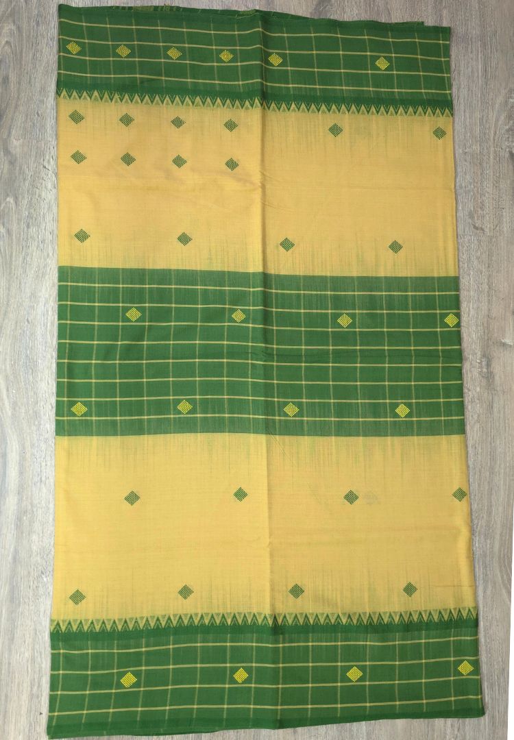 Mustard Yellow and Green Dhaniakhali Handloom Ikkat Cotton saree