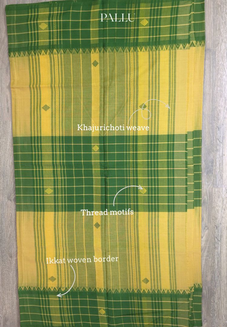 Mustard Yellow and Green Dhaniakhali Handloom Ikkat Cotton saree
