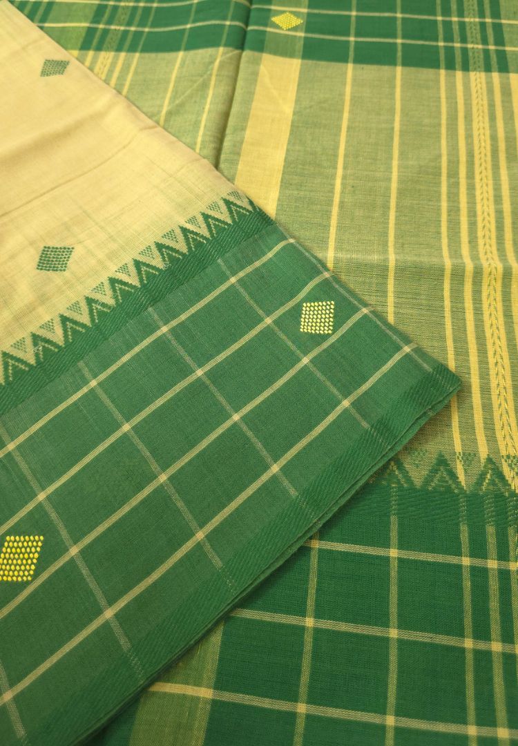 Mustard Yellow and Green Dhaniakhali Handloom Ikkat Cotton saree