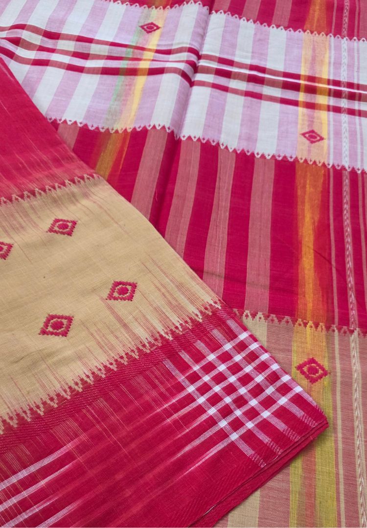 Mustard Yellow and Red Dhaniakhali Handloom Ikkat Cotton saree