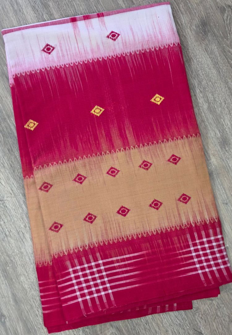 Mustard Yellow and Red Dhaniakhali Handloom Ikkat Cotton saree