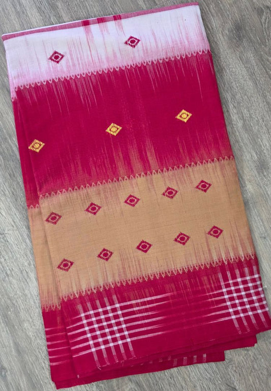 Mustard Yellow and Red Dhaniakhali Handloom Ikkat Cotton saree