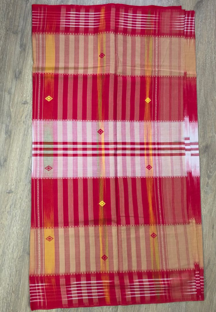 Mustard Yellow and Red Dhaniakhali Handloom Ikkat Cotton saree