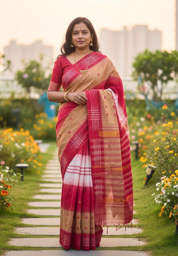 Mustard Yellow and Red Dhaniakhali Handloom Ikkat Cotton saree