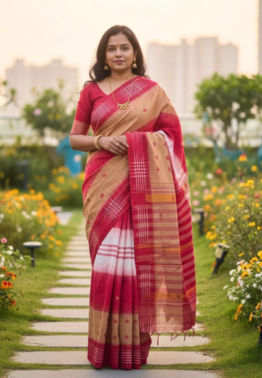Mustard Yellow and Red Dhaniakhali Handloom Ikkat Cotton saree