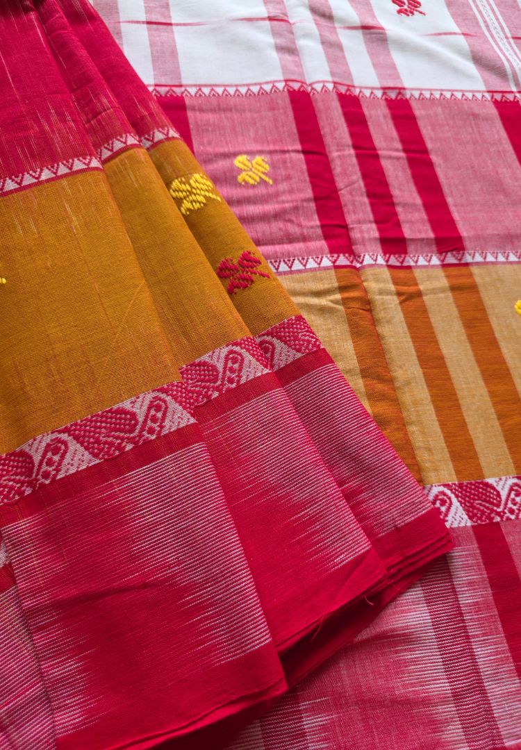 Mustard Red and White Dhaniakhali  Ikkat handloom cottton saree